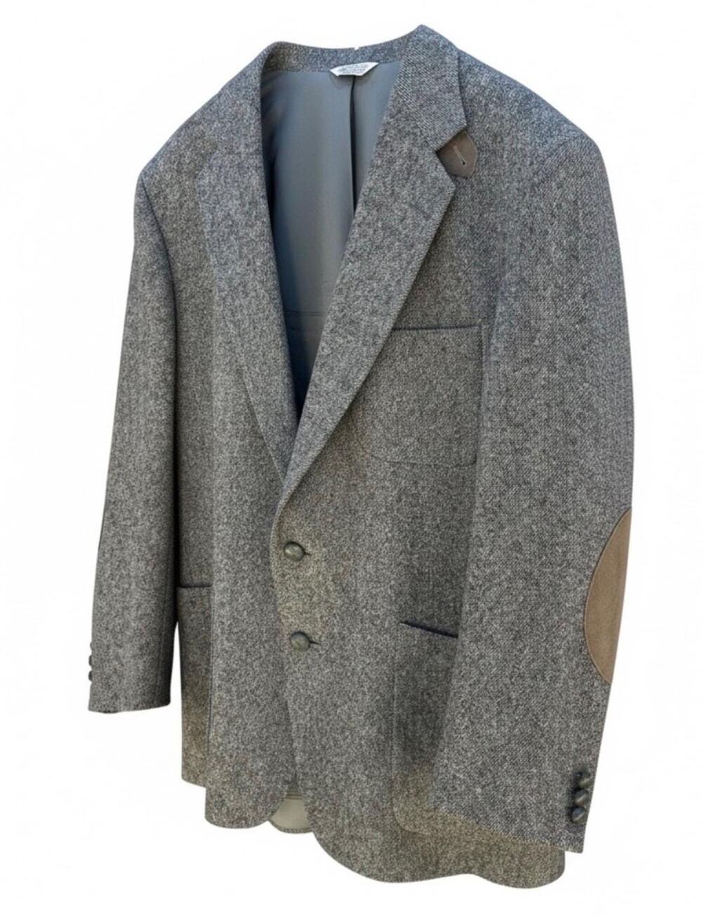 Vintage Stewart County Gray Wool Tweed Sport Coat 42S Suede Elbow Patches USA